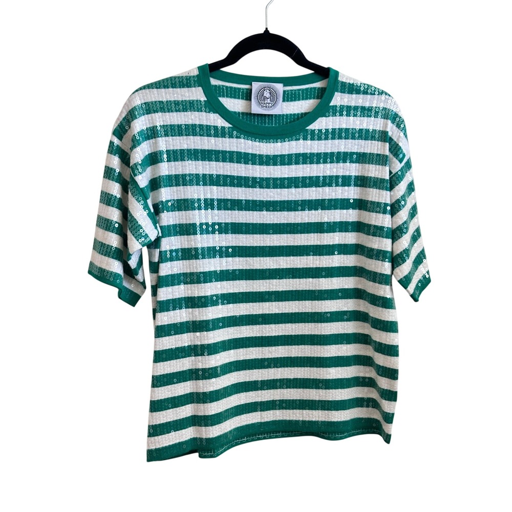Happy Sheep Green ANTHRO White Striped Sequin Cotton Knit Top Short Sleeve Small